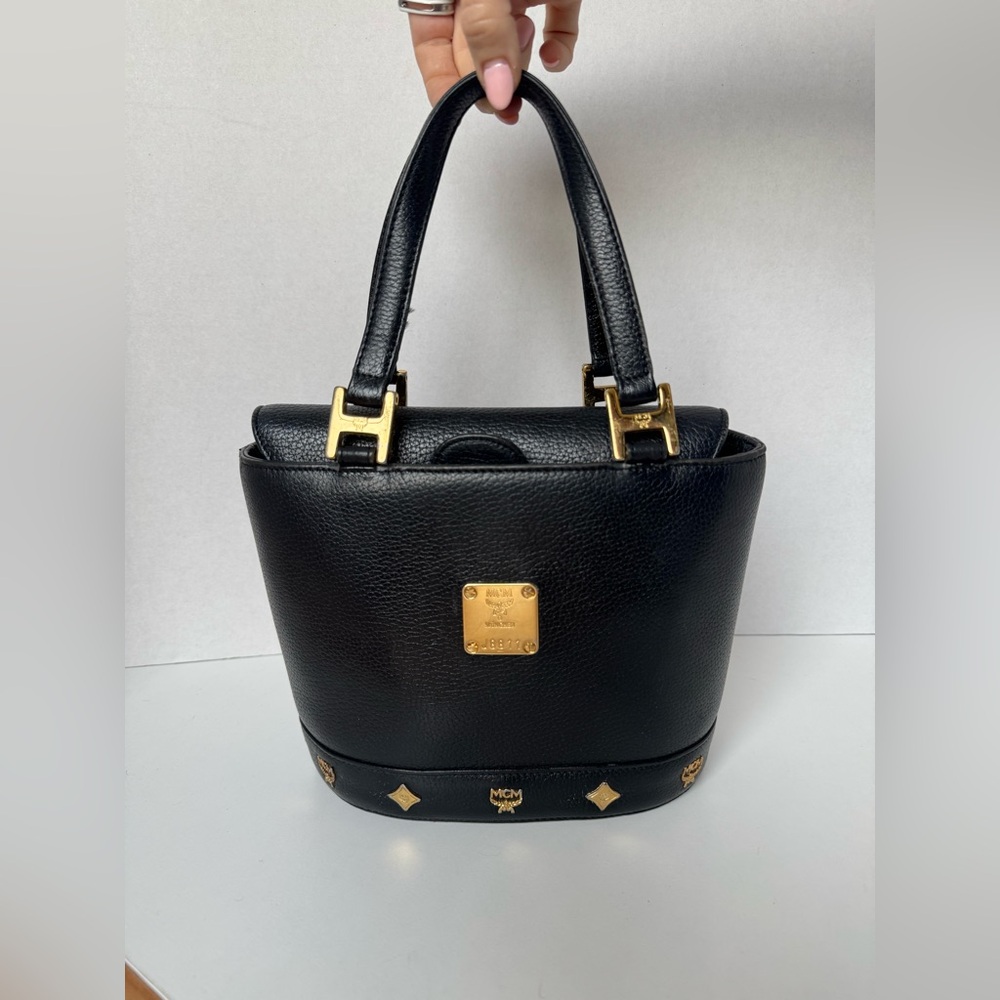 MCM Black Leather Shoulder Bag with Gold Accents